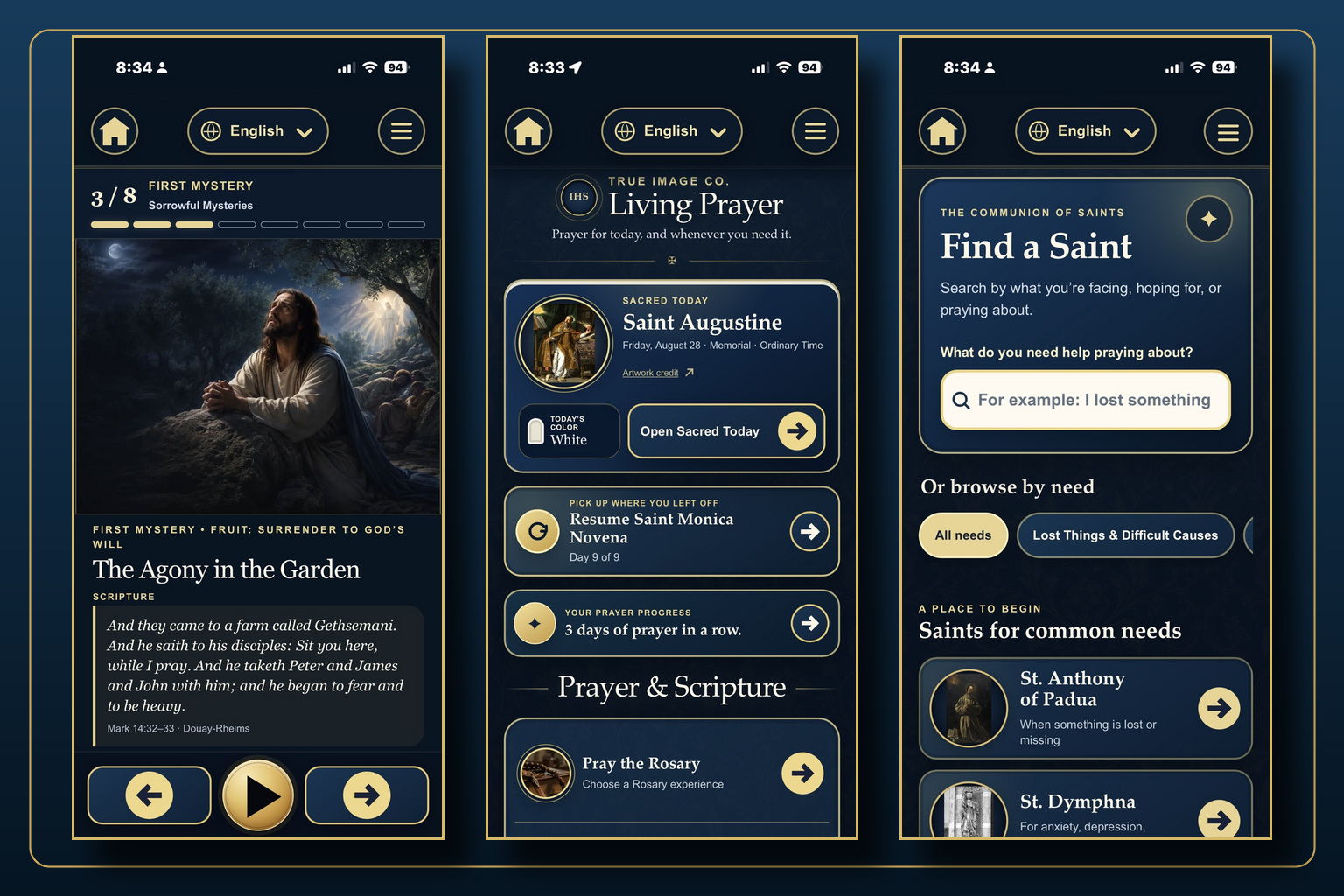 Three views of True Image Co. Living Prayer, including guided prayer, Sacred Today, and saint resources