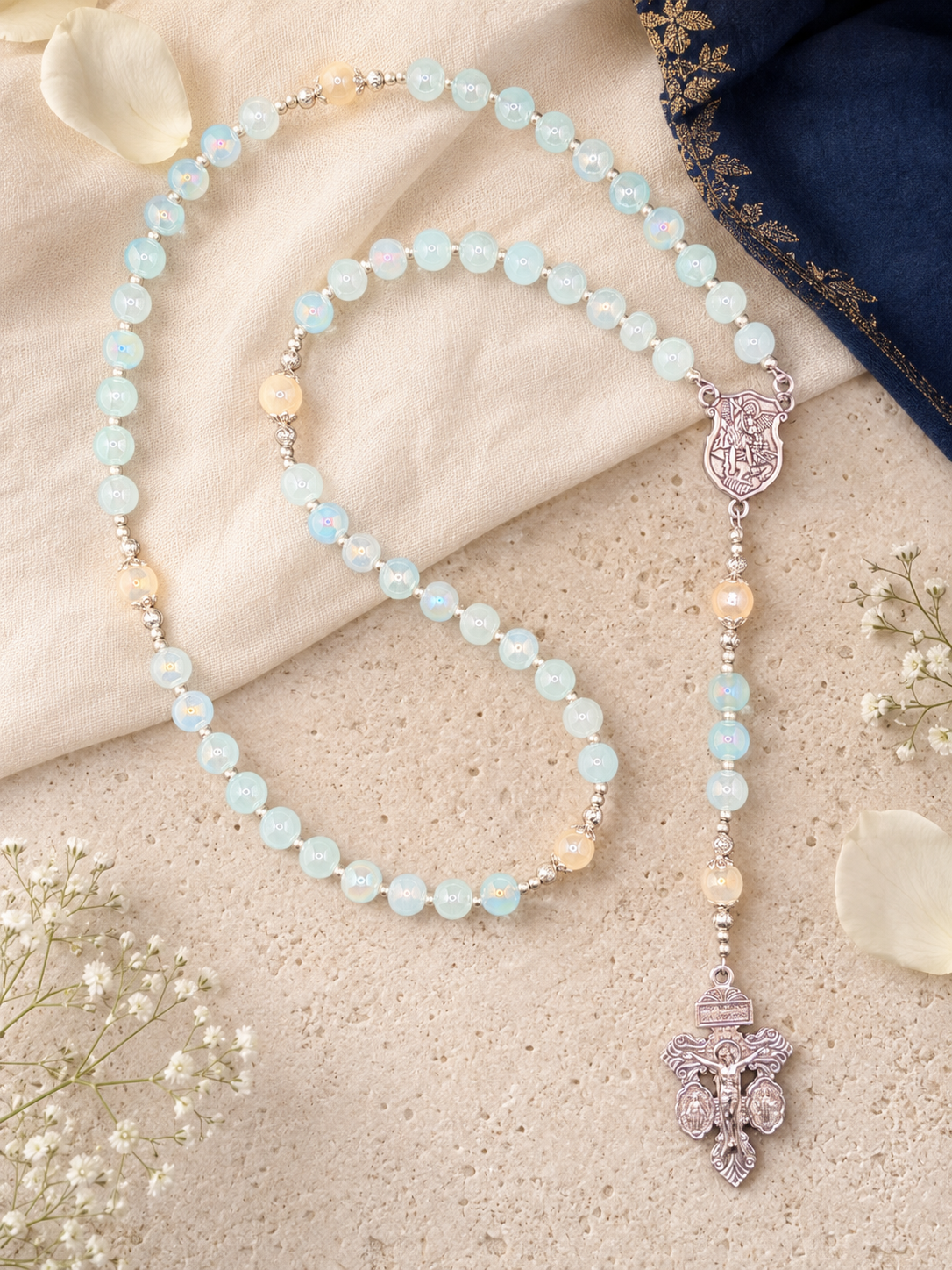 Aqua and warm gold handmade five-decade Catholic rosary
