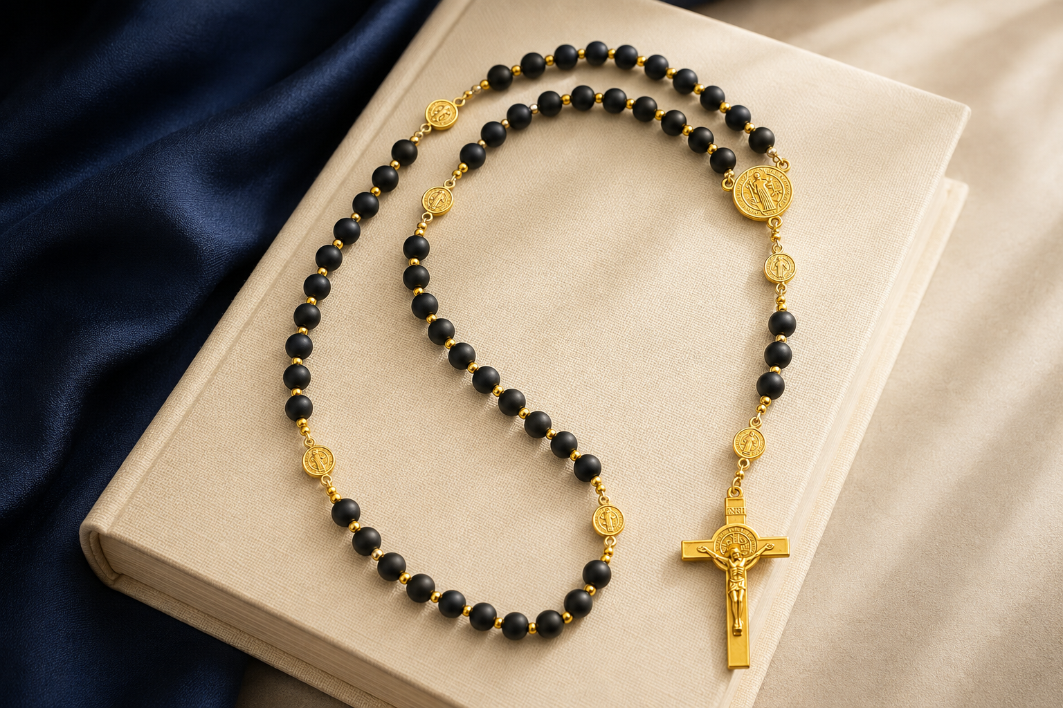Black and warm gold handmade five-decade Catholic rosary