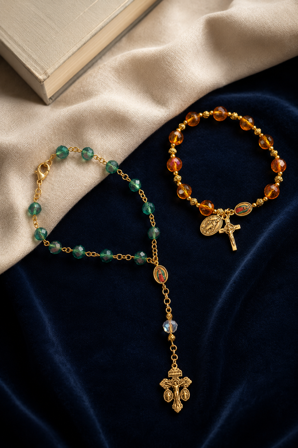 A one-decade rosary and Catholic prayer bracelet displayed together