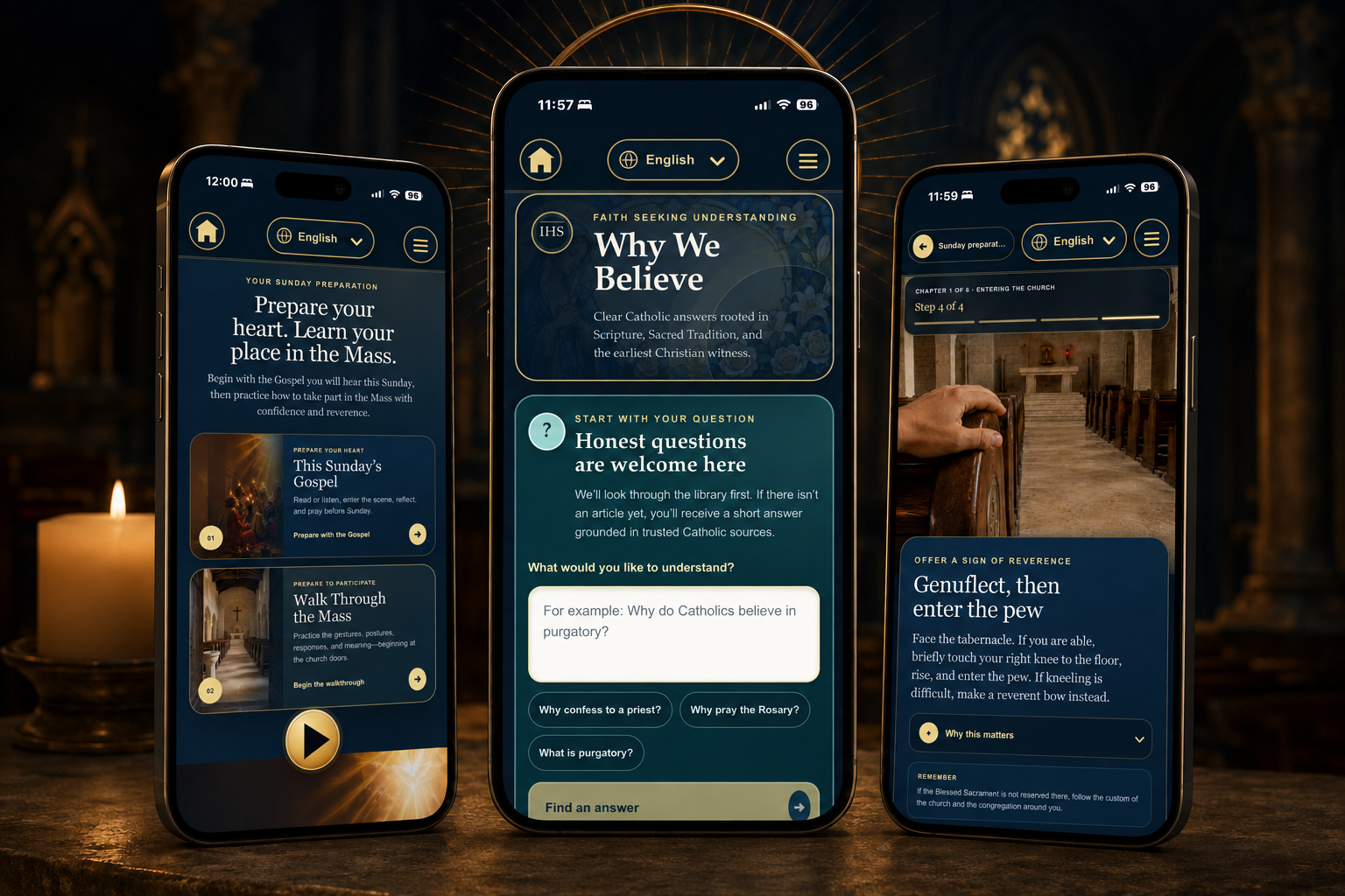 True Image app experiences for exploring Catholic beliefs, preparing for Sunday, and practicing how to participate in the Mass