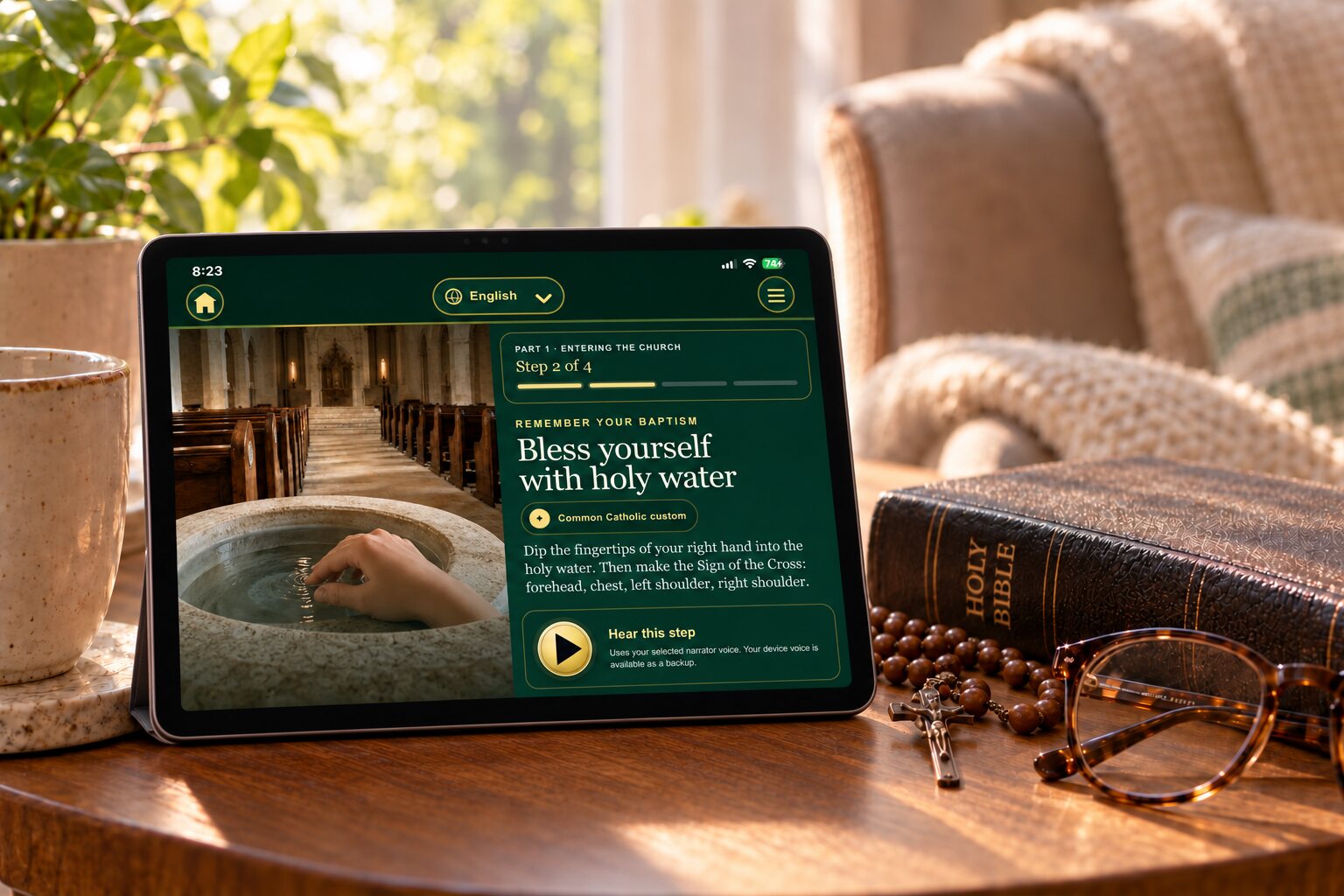 Living Prayer Learn the Mass experience displayed on a landscape tablet in a peaceful Catholic study setting