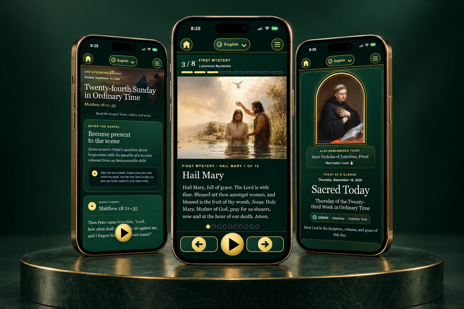 Living Prayer app displayed across three phones, featuring Sunday Gospel, guided Rosary, and Sacred Today